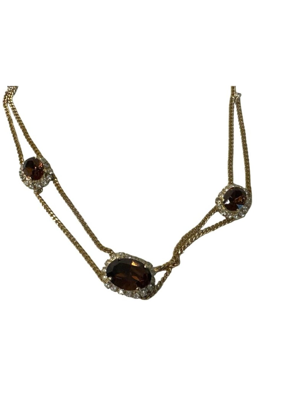Gold-Tone Necklace Brown Rhinestone Accents Double Chain Elegant Old Hollywood